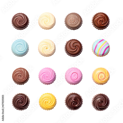Round colored chocolate pralines on transparent background, white background, isolated, icon material, vector illustration