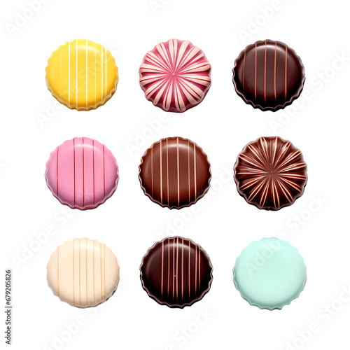 Round colored chocolate pralines on transparent background, white background, isolated, icon material, vector illustration
