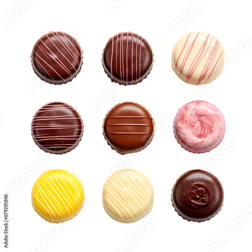 Round colored chocolate pralines on transparent background, white background, isolated, icon material, vector illustration