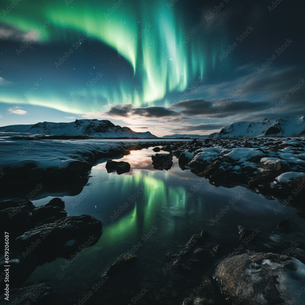 fotografia con paisaje natural y reflejos en agua de aurora boreal
