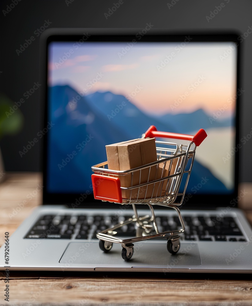 Efficient Online Purchases. Miniature shopping trolley on a laptop, underlining the ease of e-commerce transactions.