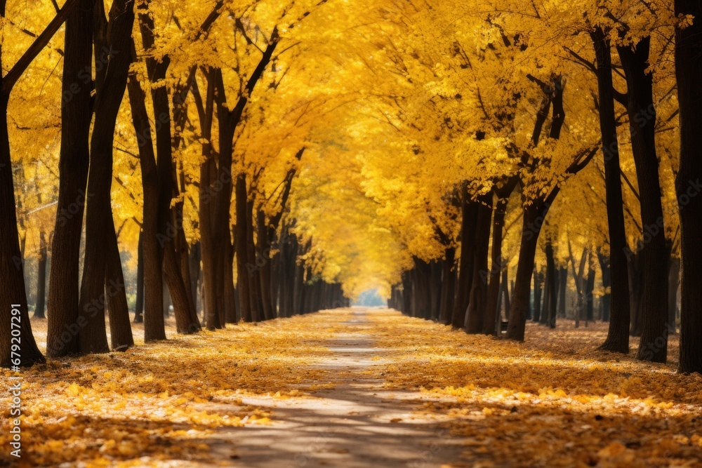 Naklejka premium Capture the quiet moments of autumn beautifully. The scene takes place in a park or forest path. The floor was covered with a carpet of yellow leaves.