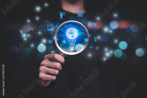 Teacher holding magnifying glass graduation hat, Internet education science course degree, study knowledge to creative thinking idea. E-learning graduate certificate program educational business.