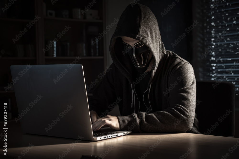 Mysterious person in hoodie and mask typing on laptop in the dark, symbolizing cyber security, anonymity, or hacking. Mysterious person in hoodie and mask typing on laptop in the dark, symbolizing cyber security, anonymity, or hacking.