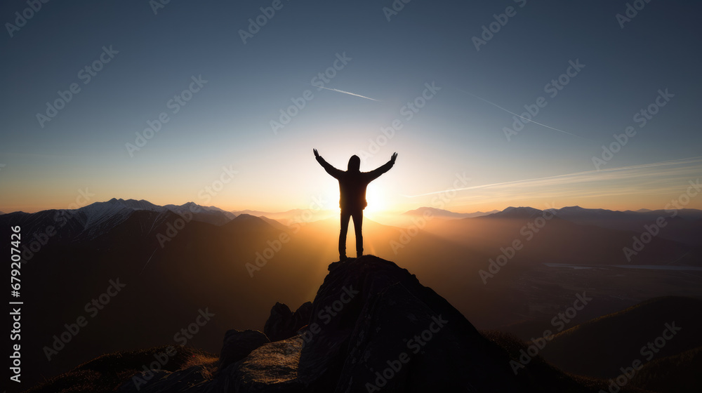 A person stands triumphantly on a mountaintop, arms raised, as the sun casts a warm glow over the serene landscape