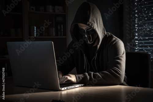 Mysterious person in hoodie and mask typing on laptop in the dark, symbolizing cyber security, anonymity, or hacking.