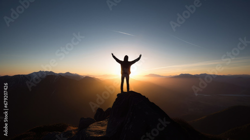 A person stands triumphantly on a mountaintop  arms raised  as the sun casts a warm glow over the serene landscape