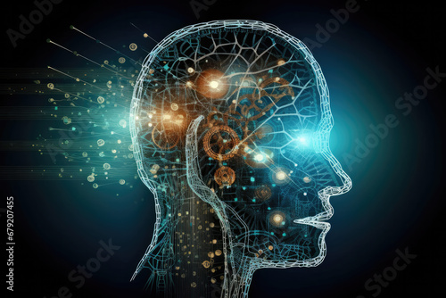 Artistic representation of a digital brain with mechanical gears and circuitry on a dark backdrop. photo