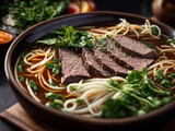 Close-up of a succulent 'beef pho,' the traditional Vietnamese dish. Side view.
