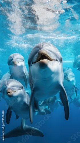 A group of dolphins swimming under the sea. Aquatic animals.