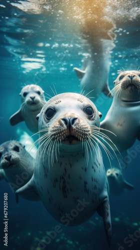 Group of seals swimming under the sea. Aquatic animals. © Attasit