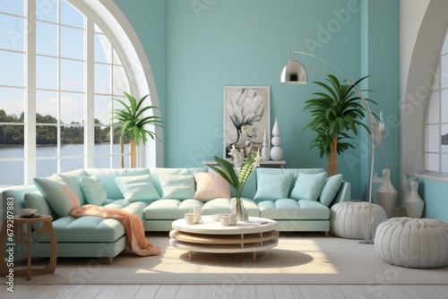 A living room design style filled with the modern charm of turquoise tones. photo