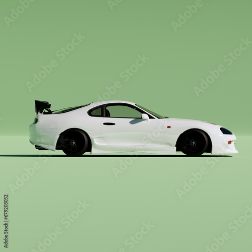 4K Square side view agle a white metalic supercar with green pastel color background isolated, JDM japan car or Japanese Domestic Market photo