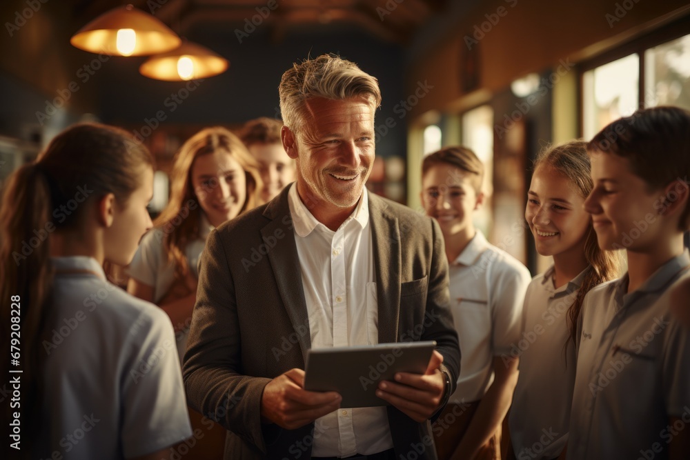 Male teacher talking with students while holding a digital tablet in class