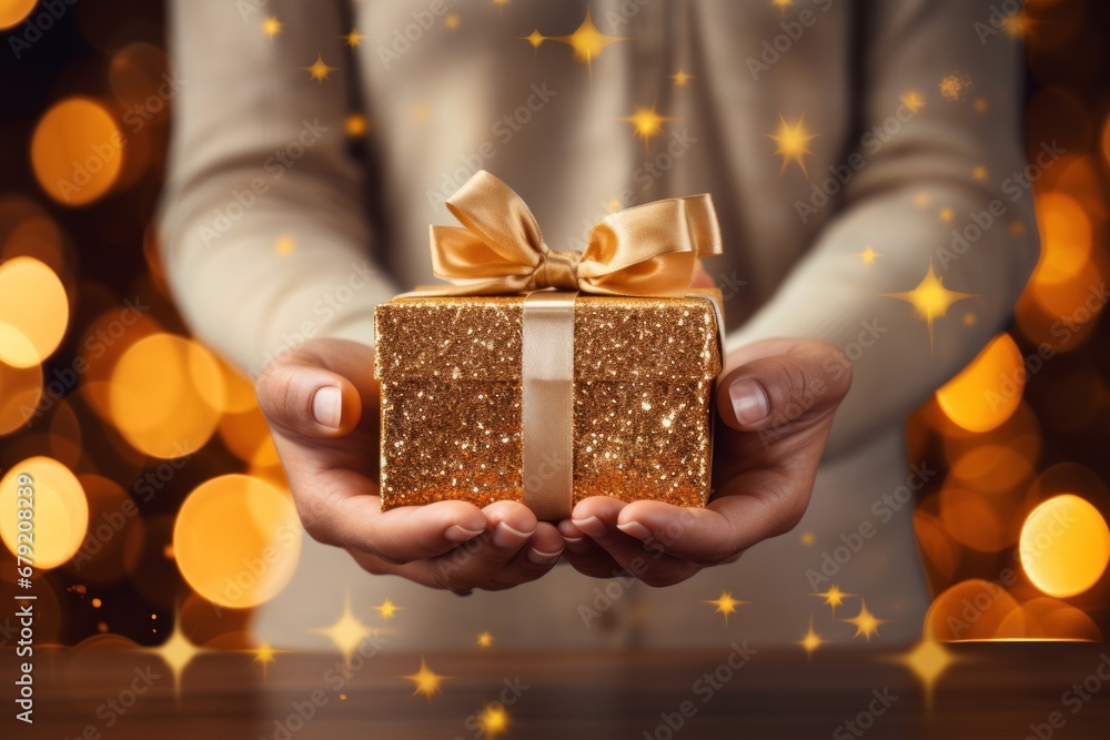 People hands holding present gift box decorated with gold bokeh background People hands holding present gift box decorated with gold bokeh background