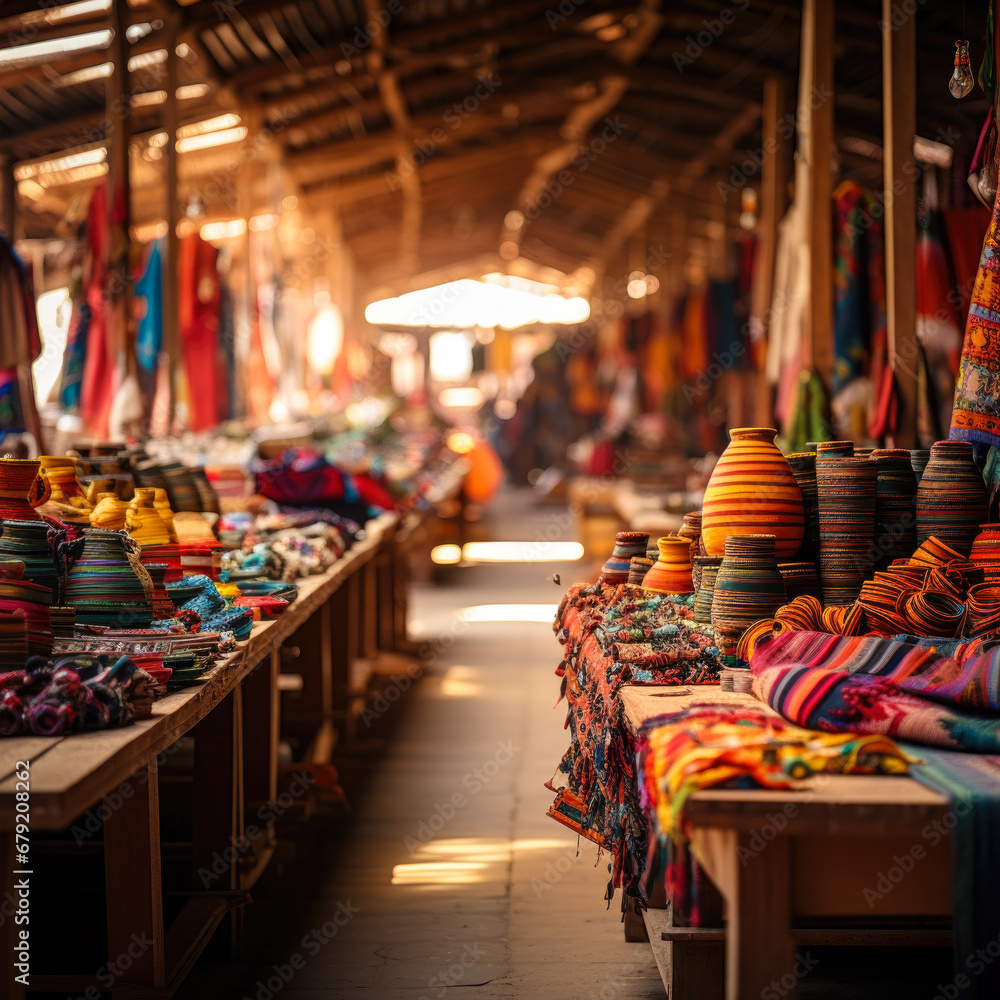 Obraz premium Traditional Hispanic marketplace with colorful textiles on display