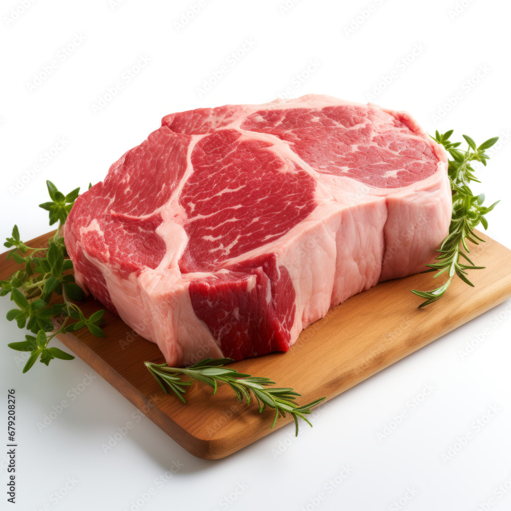 fresh raw beef steak with rosemary on a wooden board on a white background fresh raw beef steak with rosemary on a wooden board on a white background