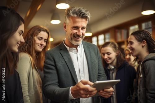 Male teacher talking with students while holding a digital tablet in class