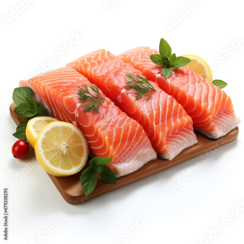 Fresh salmon fillet on cutting board with herbs, lemon and spices on white background