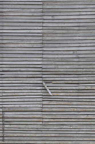 Old aged weathered natural grey damaged wooden farm shack wall large textured rustic grungy vertical background closeup broken boarding planks and holes pattern grunge dirty countryside wreck detail photo