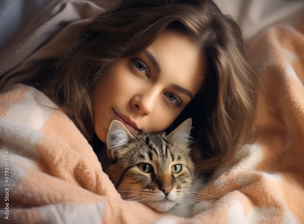 A charming tabby cat snuggles up in a cozy blanket with his owner. Taking care of pets. A charming tabby cat snuggles up in a cozy blanket with his owner. Taking care of pets.