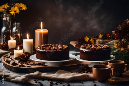 coffee and chocolate cake on a light background with candles and dry flowers.