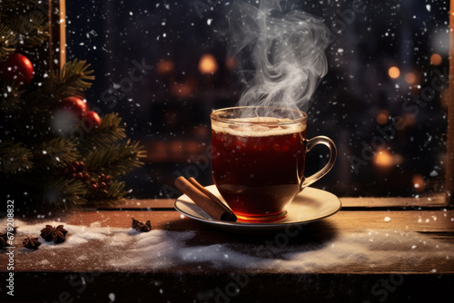 winter wonderland scene with a steaming cup of mulled wine, Christmas background with copy space