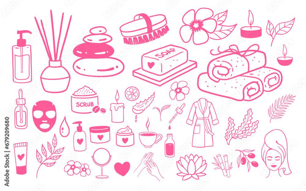 Spa salon accessorises. Vector isolated illustrations doodles collection in pink colors