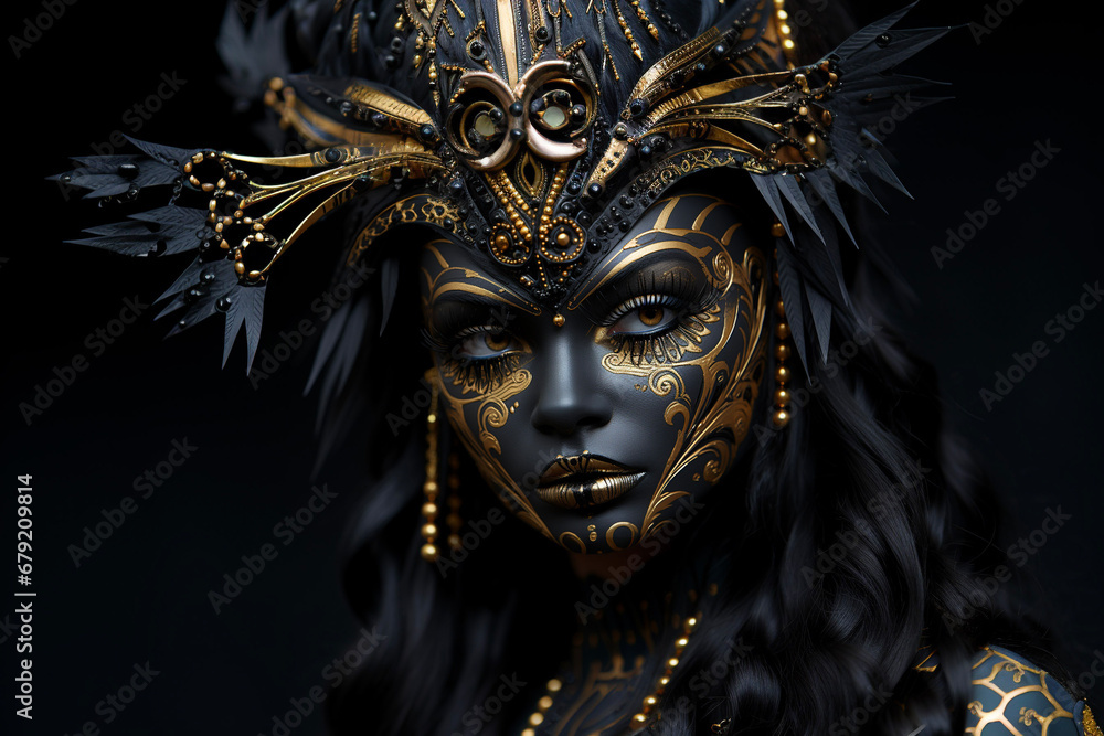 woman dresses in a black and gold suit for carnival