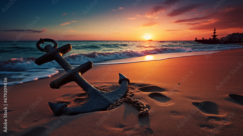 Fototapeta premium anchor at the beach with sunset light. Old metal anchor at the beach with sunset light