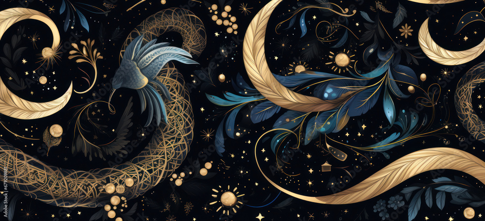 magic seamless pattern with feathers birds crystals, golden and blue abstract elements on black background - obrazy, fototapety, plakaty 