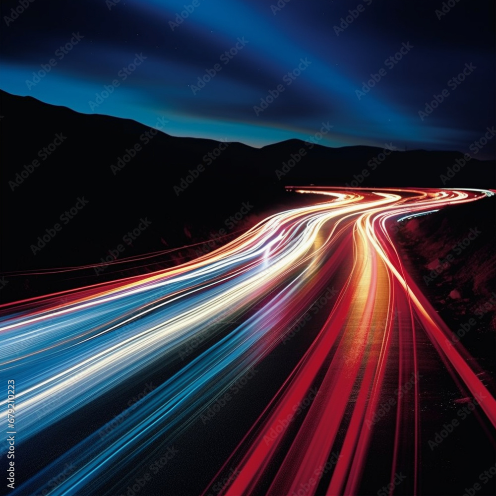 Fondo con detalle de carretera con multitud de lineas de luz de colores en movimiento