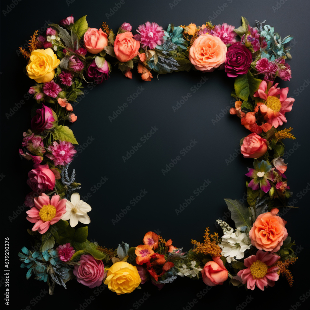 fondo con detalle de marco creado con multitud de flores de colores diferentes, sobre fondo de tonos oscuros fondo con detalle de marco creado con multitud de flores de colores diferentes, sobre fondo de tonos oscuros