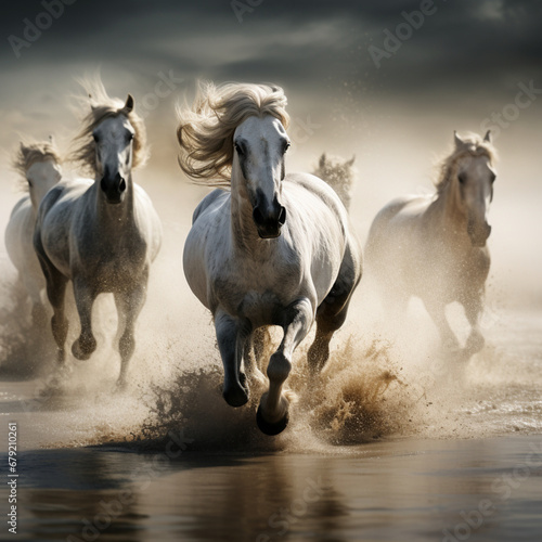 Fotografia con detalle de varios caballos de tonos claros ,al galope, en paisaje natural con agua