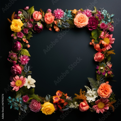 Wallpaper Mural fondo con detalle de marco creado con multitud de flores de colores diferentes, sobre fondo de tonos oscuros Torontodigital.ca