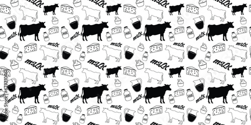 Cow, dairy products illustration seamless pattern