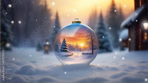 ai generative, christmas winter background in a shiny Christmas ball ornament decoration