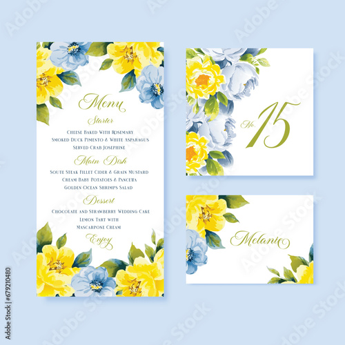 Dusty Pink and Yellow Floral Watercolor floral wedding menu, table and escort cards with vintage flowers illustration.