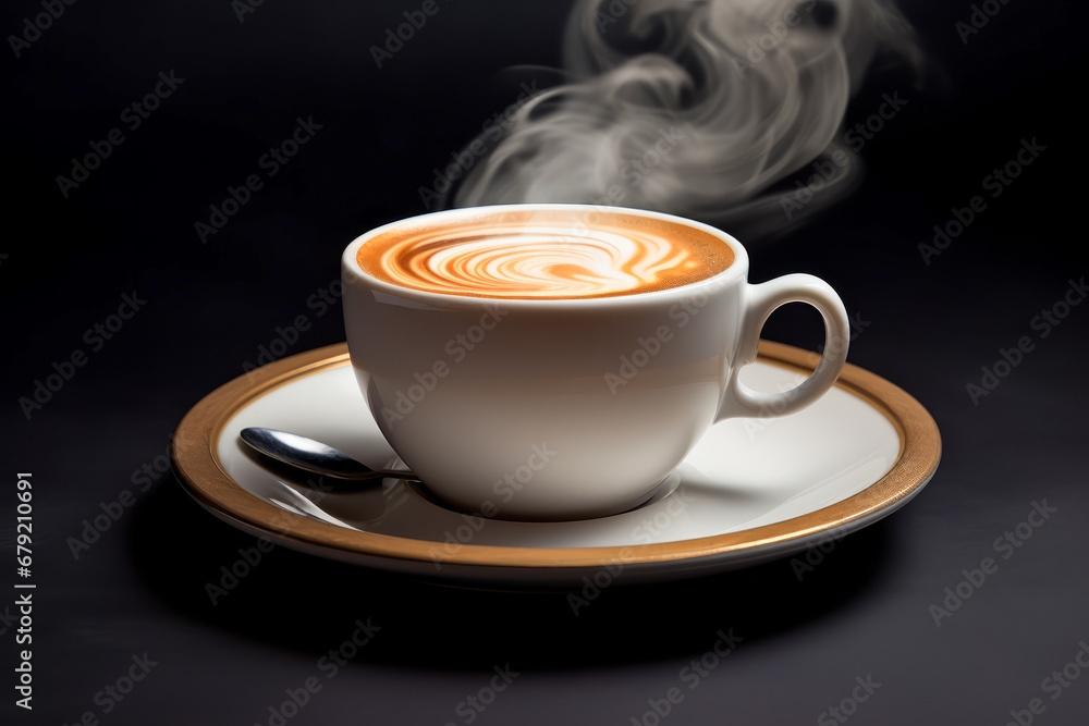 Cup of coffee with steam rising out of it on saucer. Cup of coffee with steam rising out of it on saucer.