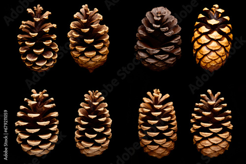 Group of pine cones sitting on top of black surface.