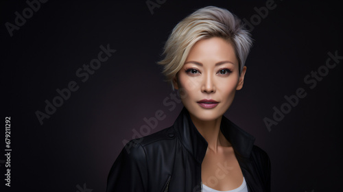 Stylish Asian Woman with Short Blond Hair in Studio