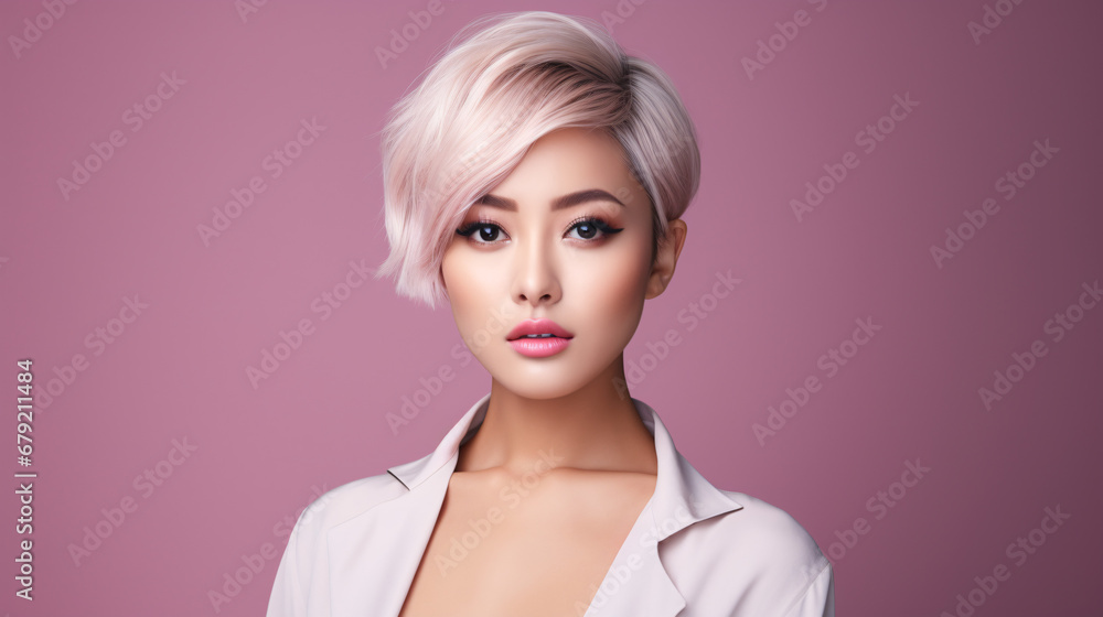Modern Elegance: Young Asian Female Model with Short Light-Colored Hair - Studio Fashion