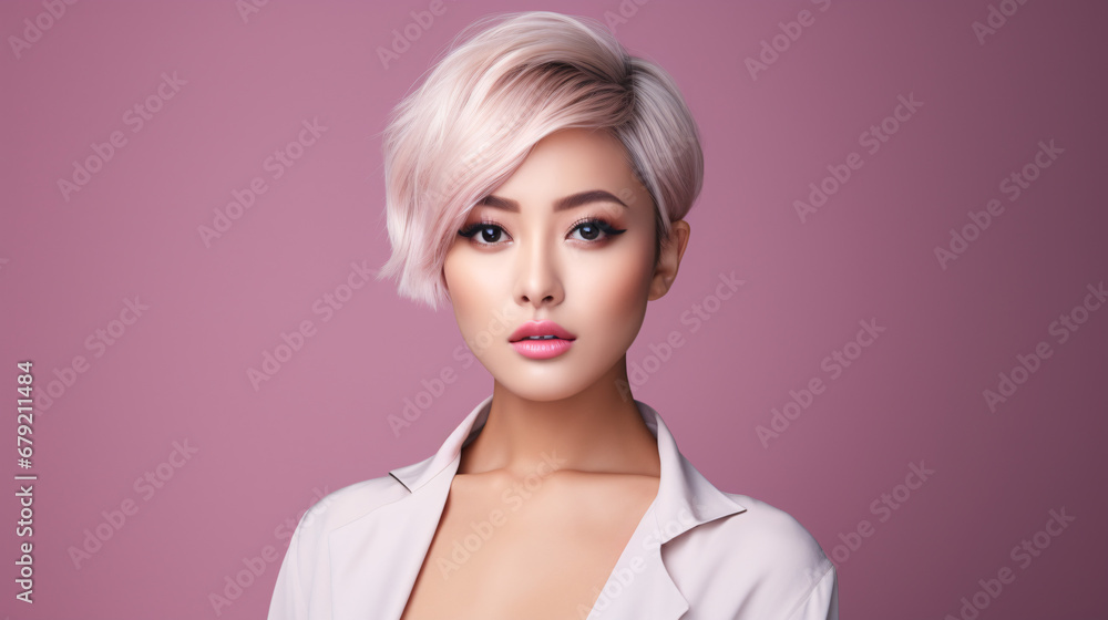 Modern Elegance: Young Asian Female Model with Short Light-Colored Hair - Studio Fashion Modern Elegance: Young Asian Female Model with Short Light-Colored Hair - Studio Fashion