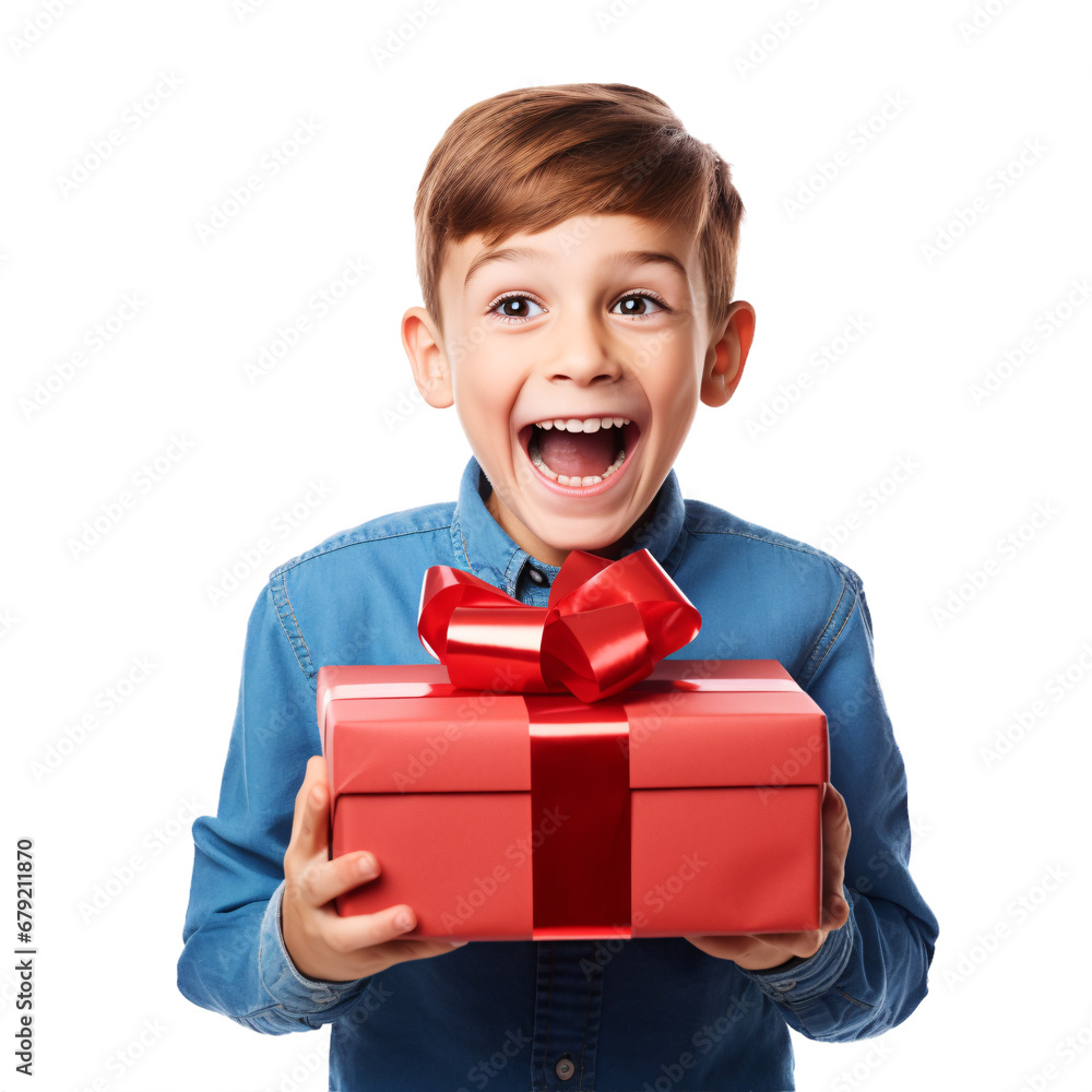 Excited Little Brunette Boy Holding Big Gift Box - Festive Joy and Surprise. Isolated on Transparent Background. Excited Little Brunette Boy Holding Big Gift Box - Festive Joy and Surprise. Isolated on Transparent Background.