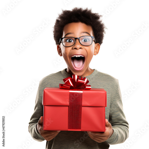 Excited Little African American Boy Holding Big Gift Box - Festive Joy and Surprise. Isolated on Transparent Background.