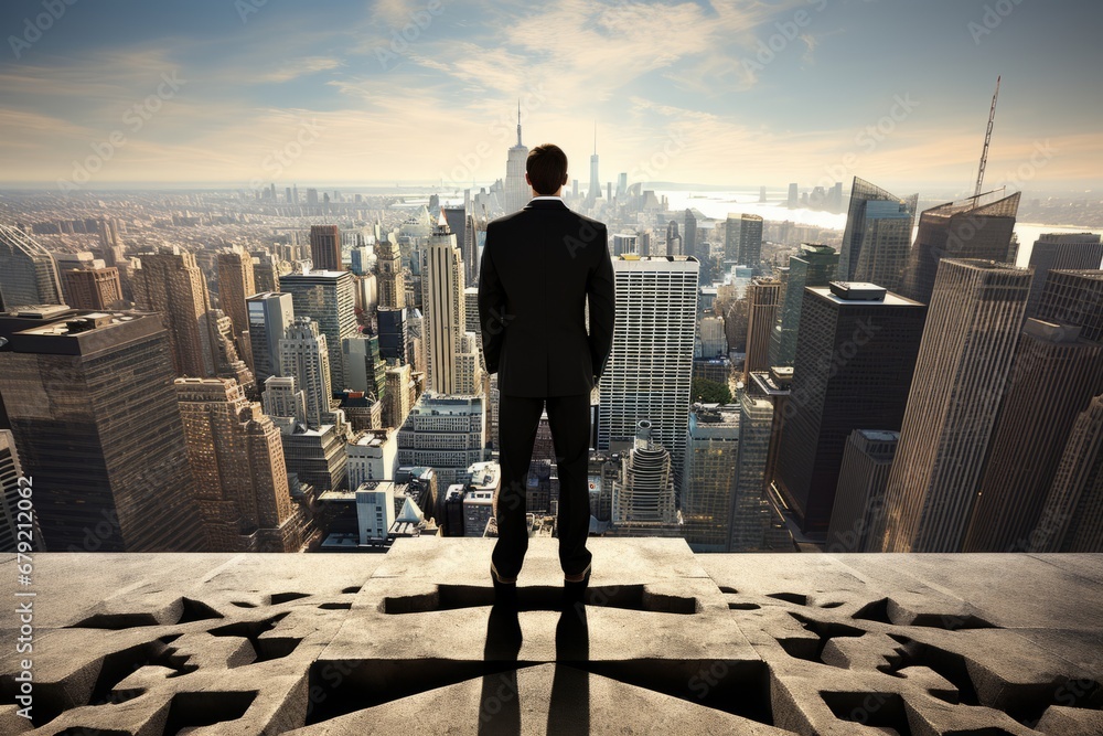 A successful businessman standing on top of a skyscraper and contemplating the city