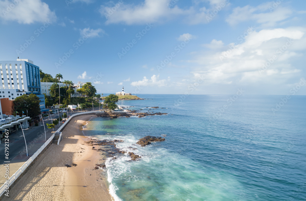 Fototapeta premium Drone aerial view of Barra beach in Salvador Bahia Brazil.