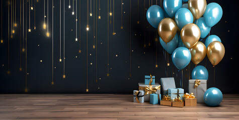 Happy birthday template wooden floor background with gift box, blue and gold balloons 