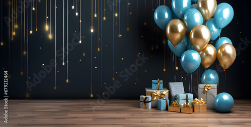 Happy birthday template wooden floor background with gift box, blue and gold balloons  photo