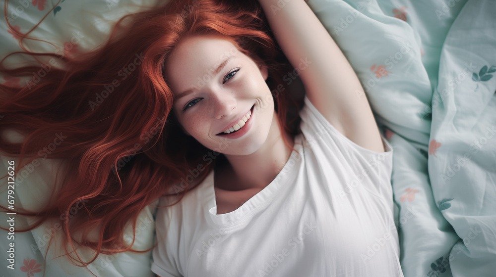 Fototapeta premium Girl with long red hair with lying on the bed with a relaxed face